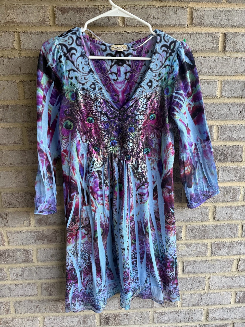 One World Butterfly Peacock Feather Studded V Neck Empire Tunic Top Blue M